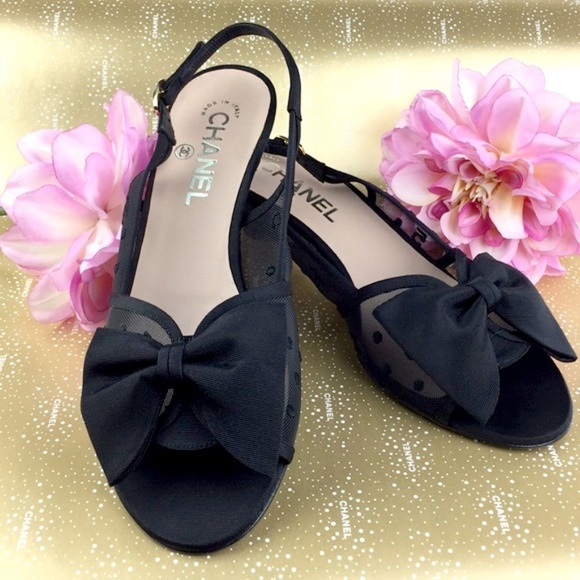 Chanel Black Mesh Logo No 5 Kitten Heels RARE - Picture 1 of 8